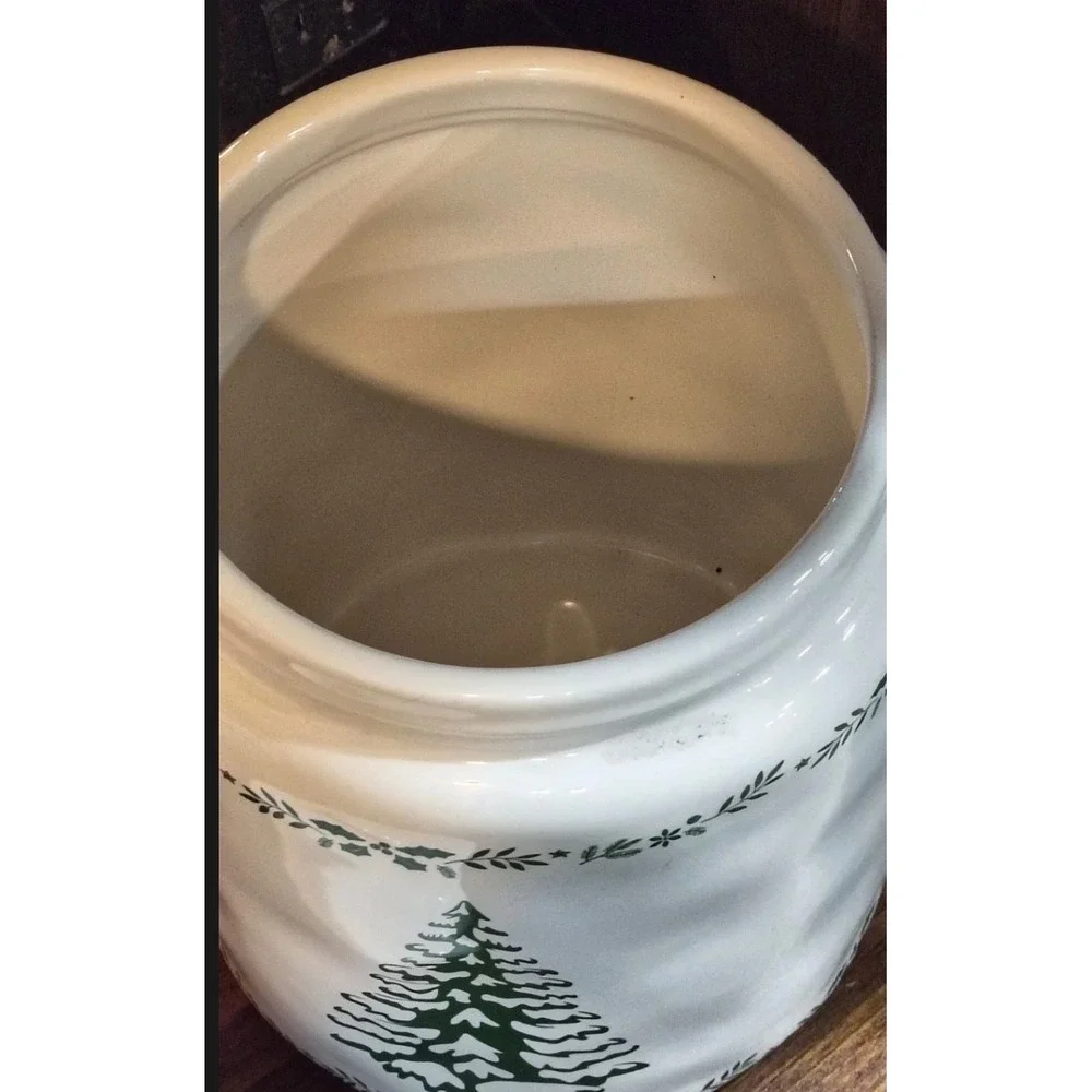 White Ceramic Christmas Tree Cookie Jar Green Evergreen Holiday Stoneware